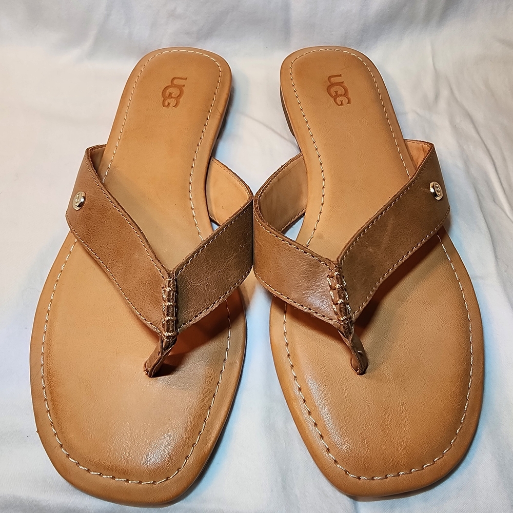 UGG Tan Leather Flip Flops